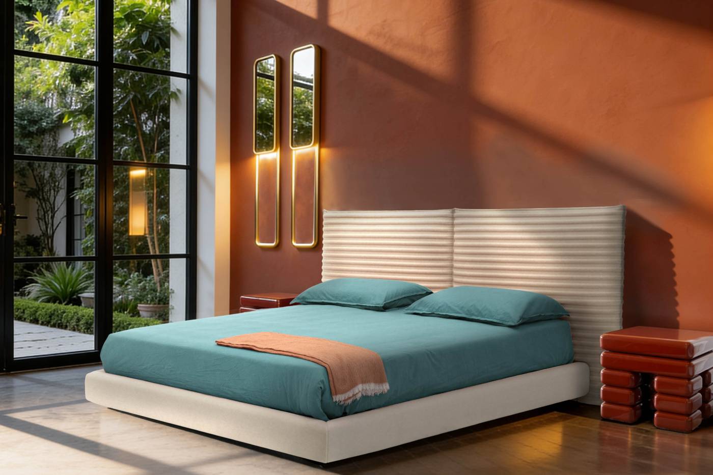 Dulcis bed with tall ribbed upholstered headboard in a contemporary bedroom interior