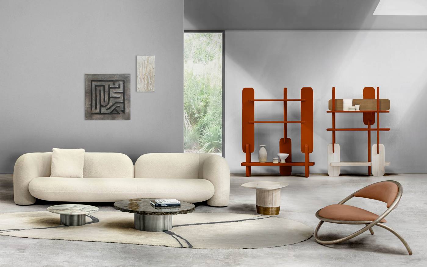 Greffage bookcases with open geometric shelving and warm-toned structure in a contemporary living interior